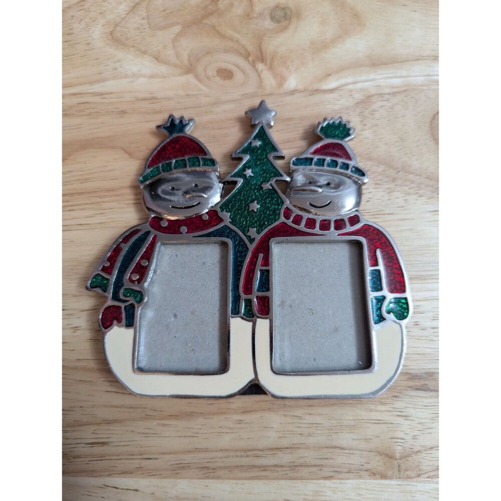 Pewter enamel glitter snowman double frame mini green red stand up decor - Picture 2 of 8